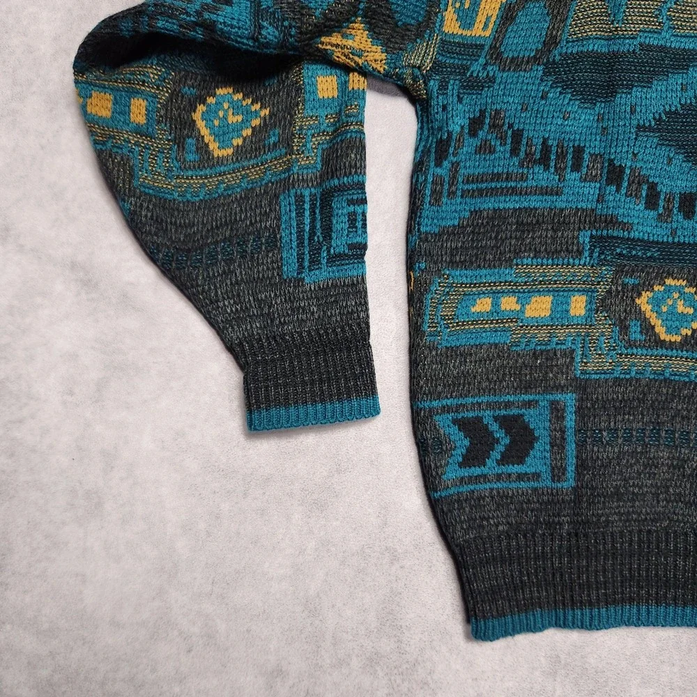 Saturdays Mens Vintage Teal Black Gold Geometric Pattern Knit Sweater size Large